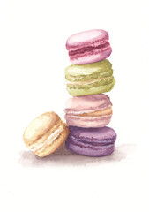 Multi-colored macaroons stand on top of each other.