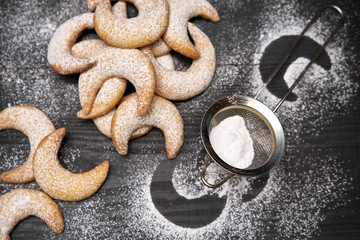 Plate of Traditional German or Austrian Vanillekipferl vanilla kipferl cookies