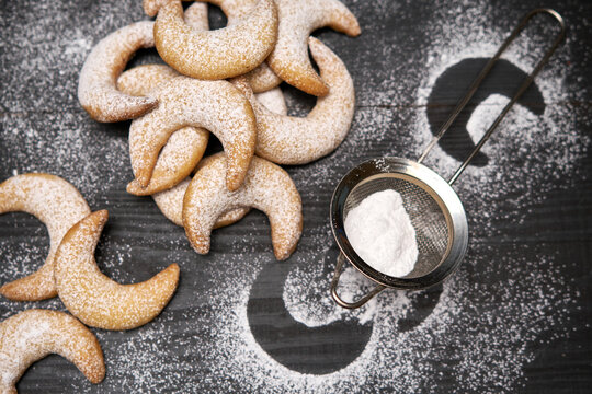 Plate of Traditional German or Austrian Vanillekipferl vanilla kipferl cookies