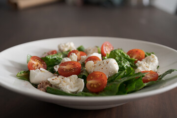 Salad with canned tuna, mozzarella and tomatoes in white bowl