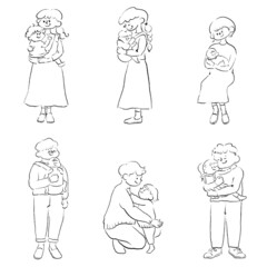 赤ちゃんや子供を抱っこする親子の全身手描きイラスト素材セット　線画