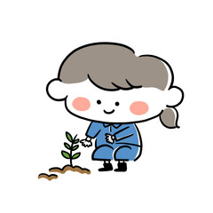 木を植える女性の手描きイラスト素材