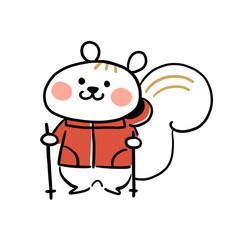山登り・ハイキングを楽しむリスの手描きイラスト素材