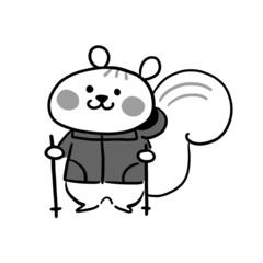 山登り・ハイキングを楽しむリスの手描きイラスト素材　モノクロ