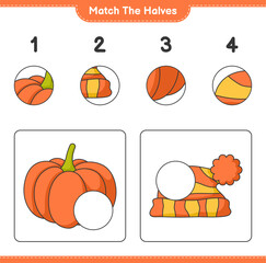 Match the halves. Match halves of Pumpkin and Hat. Educational children game, printable worksheet, vector illustration
