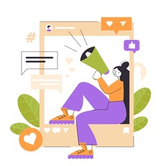 Social media influencer. Woman holding a megaphone in a social profile frame with icons. Social media or network promotion, SMM. Marketing  strategies. Flat vector illustration for online advertising.