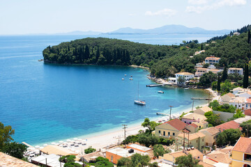 Naklejka na ściany i meble Corfu island, beautiful bay in Kalami village, Greece, Top view of picturesque mediterranean landscape