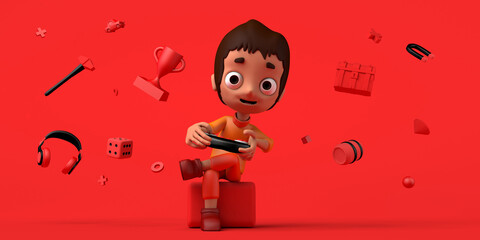 Child gamer playing video game console with headset, chests, prizes and other items floating. Copy space. 3D illustration. Cartoon. © Rodrigo