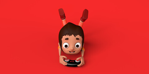 Child gamer playing video game console lying on the floor. Copy space. 3D illustration. Cartoon.