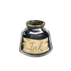 Watercolor illustration of vintage inkwell isolated on white background.