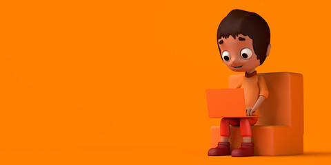 Boy working with a laptop. Freelance concept. Copy space. 3D illustration. Cartoon.