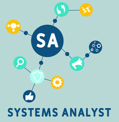 SA - Systems Analyst acronym. business concept background. vector illustration concept with keywords and icons. lettering illustration with icons for web banner, flyer, landing pag