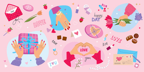 Vector set of valentines day. Illustration with love elements, hand lettering, trendy color palette and cute things.