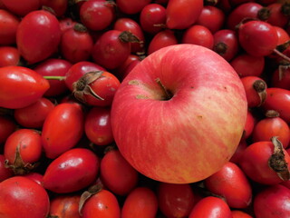A ripe red apple on the background of rosehip fruits. Fruit and berry bright appetizing background.