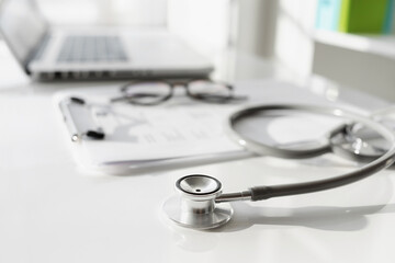 Doctor office desk, work place of physician, therapist, practitioner, health worker or medical...