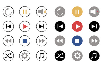 音楽プレイヤーのアイコンセットイラスト　赤　青　黄土色　灰色　黒