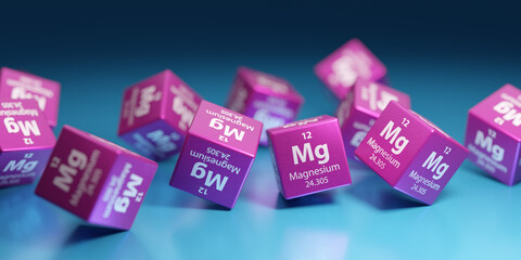 Magnesium is natural mineral used in science and research, healthcare, industry and agriculture. Mg sign pharmacy and medical promotional background. - obrazy, fototapety, plakaty
