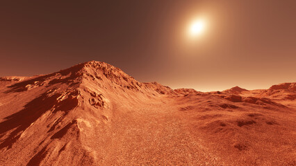 Fototapeta premium Mars planet landscape, 3d render of imaginary mars planet terrain, orange eroded desert with mountains and sun, realistic science fiction illustration.