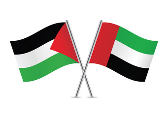 Palestine and the United Arab Emirates crossed flags. Palestinian and UAE flags, isolated on white background. Vector icon set. Vector illustration.