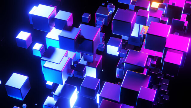 Fototapeta Abstract background 3D, many cubes with neon purple blue glow on black interesting science technology background, 3D render illustration.