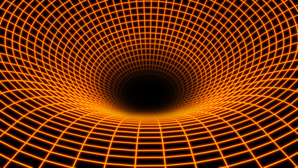 Background 3D with orange neon lines, black hole space bend concept, science design  render illustration.