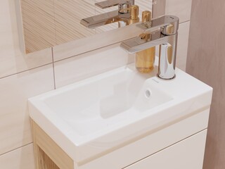 odern bathroom design in bright colors. hanging cabinet in the bathroom. macro shell. light tiles in the bathroom. small sink faucet. small bathroom.  decor in the bathroom