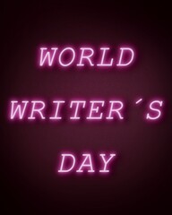 World writer´s day postcard with pink neon lights 