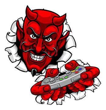 Devil Gamer Video Game Controller Mascot Cartoon
