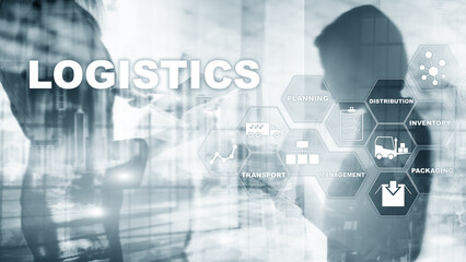 Logistic and transport concept. Businessman shows logistics diagram. Online goods orders. Goods delivery. Mixed media