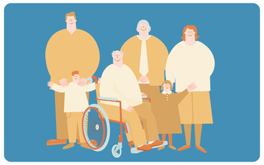 Grandfather, grandmother, parents, son, vector illustration of daughter.