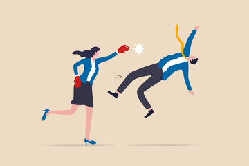 Success businesswoman winning business competition, woman leadership or challenge to overcome or defeat enemy concept, strong confidence businesswoman leader punch a businessman to knockout winning. - obrazy, fototapety, plakaty