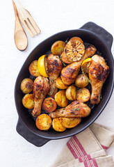 Baked chicken legs with potatoes and lemon. Recipe.