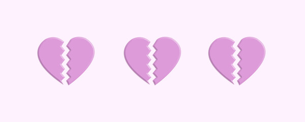 Banner of three broken drawn pink hearts on a lilac background