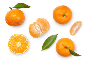 Set of tangerines isolated on white background. Whole and sliced tangerines with leaves. Top view.