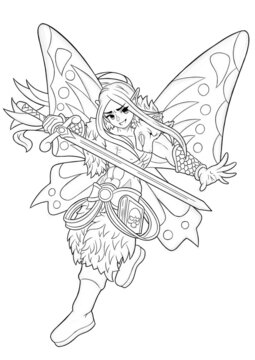 Fairy male dragon slayer, with big wings, holding a long sword fantasy illustration picture is made with lines	
