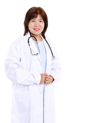 Portrait studio closeup cutout isolated shot Asian professional senior female doctor model in lab coat uniform smiling wearing holding stethoscope listening to patient heartbeat on white background