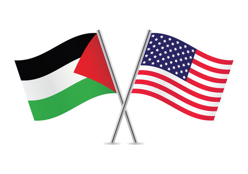 Palestine and America crossed flags. Palestinian and American flags, isolated on white background. Vector icon set. Vector illustration.