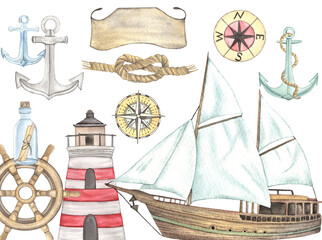 Watercolor Sea Nautical Navigation Set with ship, anchors, bottle and lighthouse