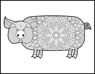 Drawing zentangle pig for coloring book for adult,
Pig mandala coloring page.