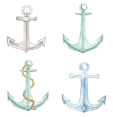 Watercolor Blue anchors rope. Time to travel. Hand painted watercolor anchors. © nanyasem