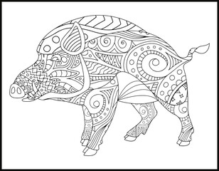 Drawing zentangle pig for coloring book for adult,
Pig mandala coloring page.