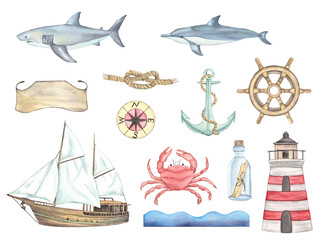 Watercolor Sea Nautical Navigation Set with sheep, anchors, bottle and lighthouse