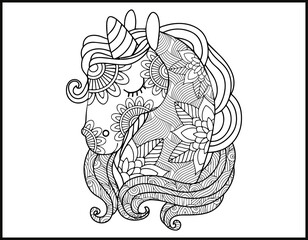 Unicorn Mandala vector and coloring page, doodle stylized unicorn head