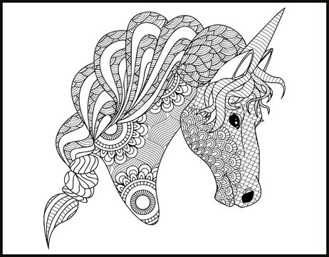 Unicorn Mandala vector and coloring page, doodle stylized unicorn head