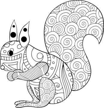 Doodle stylized squirrel, Adult antistress coloring page. mandala animal