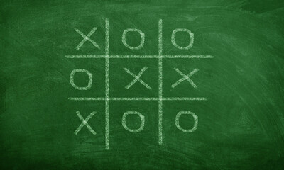Hand-Drawn Tic-Tac-Toe Game on Chalkboard Symbolizing Strategy and Success in Business Concept