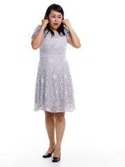 Portrait studio cutout isolated full body shot of Asian young happy trendy female model in beautiful gray lace dress standing posing holding hand on waist smiling look at camera on white background