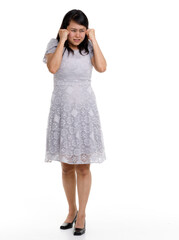 Portrait studio cutout isolated full body shot of Asian young happy trendy female model in beautiful gray lace dress standing posing holding hand on waist smiling look at camera on white background