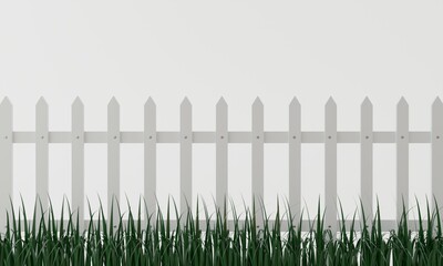 green grass with white wall in the graden on the white background.3d rendring.