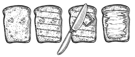 Step by step recipe infographic for making a toast with butter. Toast set. Making slice bread toast at home, hot snack, breakfast. Fresh and fried bread. Sandwich with butter